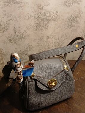 Gray Leather Crossbody Bag with Scarf Accent